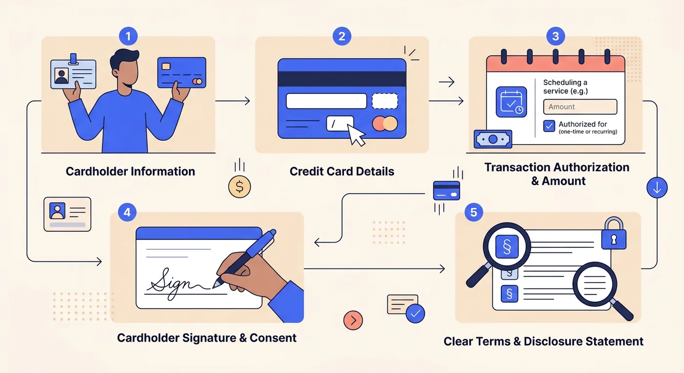 A visual guide outlining the five essential components required for a compliant credit card authorization form.