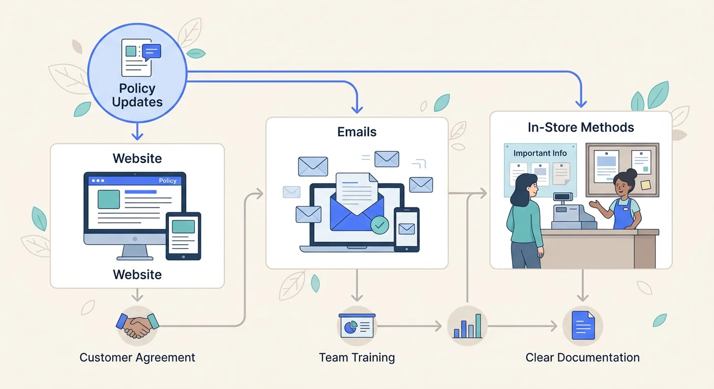 Flowchart showing policy communication channels: website, emails, and in-store methods.