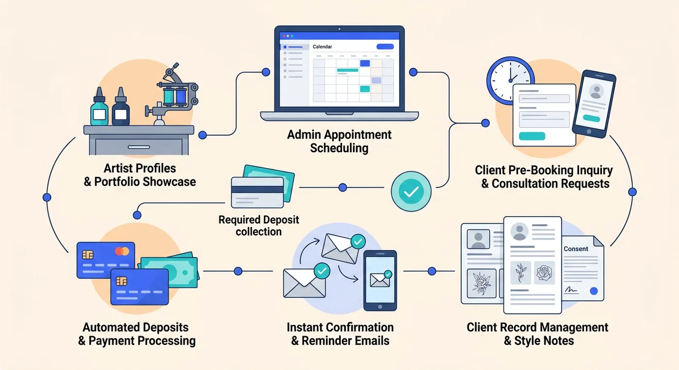 An infographic diagram outlining the essential components and features of a digital tattoo booking system for studios.