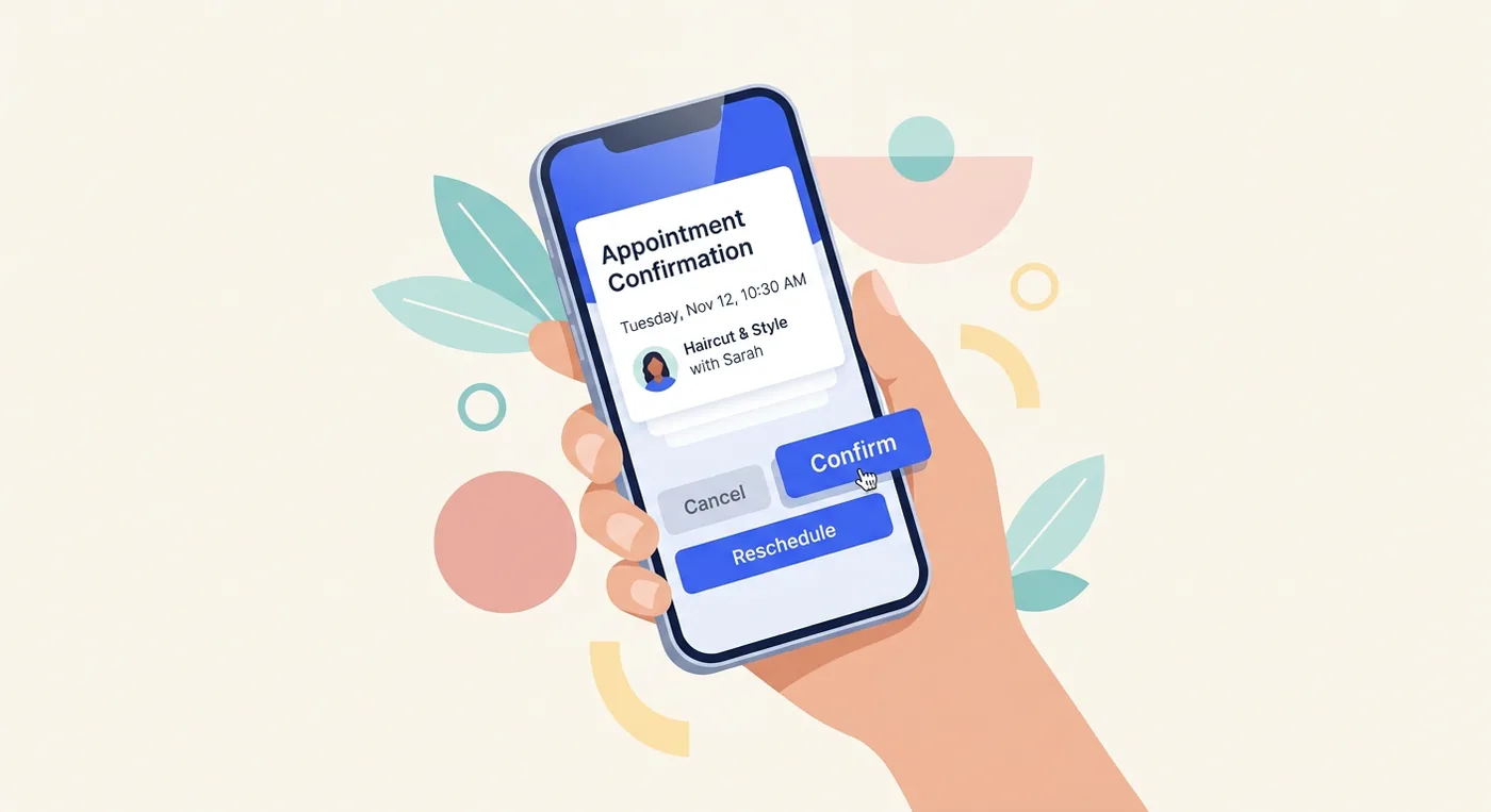 A hand holding a smartphone displaying a salon appointment confirmation message with confirm, cancel, and reschedule buttons.