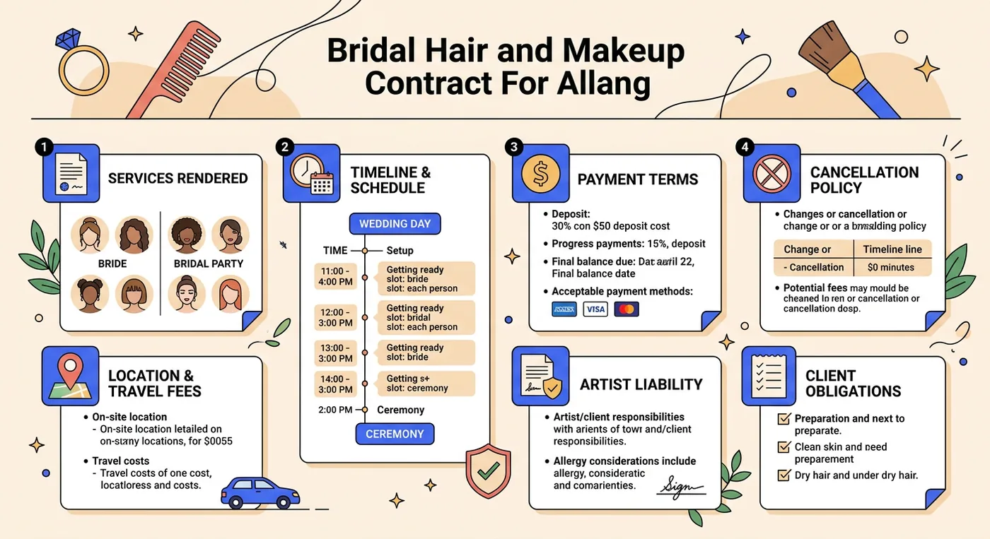 An infographic explaining the essential components of a formal bridal hair and makeup contract for weddings.