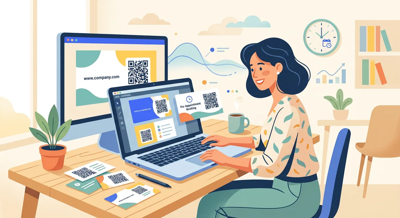 A person using a laptop to design business cards featuring QR codes for a professional company platform.