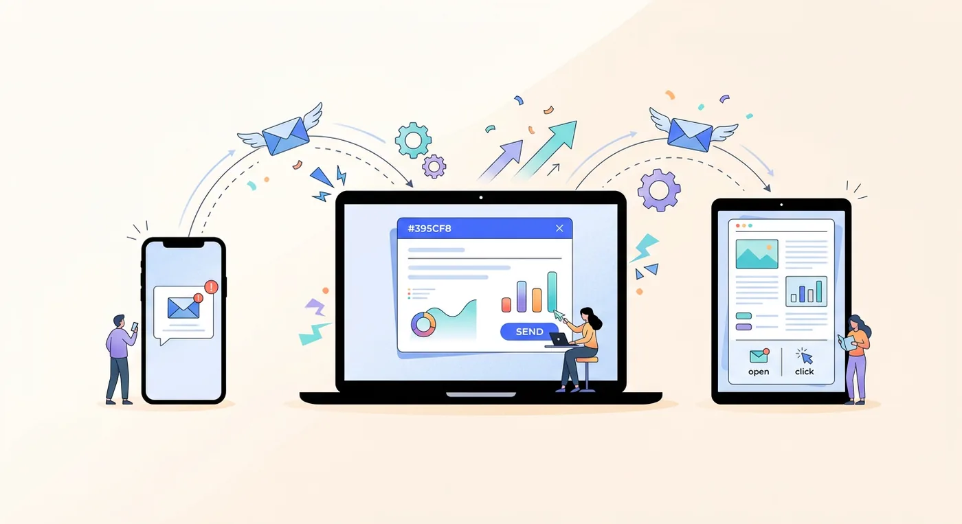 A digital illustration showing email marketing automation across a laptop, a smartphone, and a tablet device.