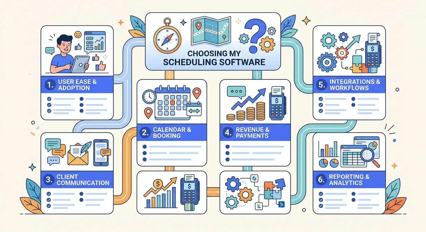 A decision framework chart for choosing scheduling software, listing six key evaluation criteria with icons.