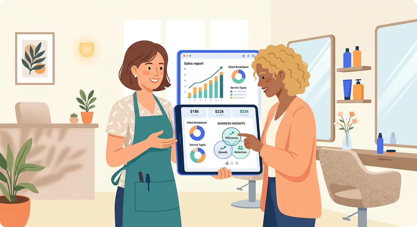 Two women at a salon reviewing a tablet displaying a sales report and business insight diagram.