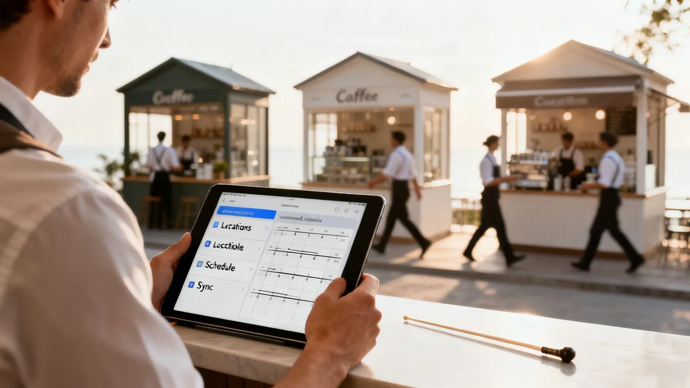 A person uses a tablet to manage schedules and locations for multiple outdoor coffee kiosks.
