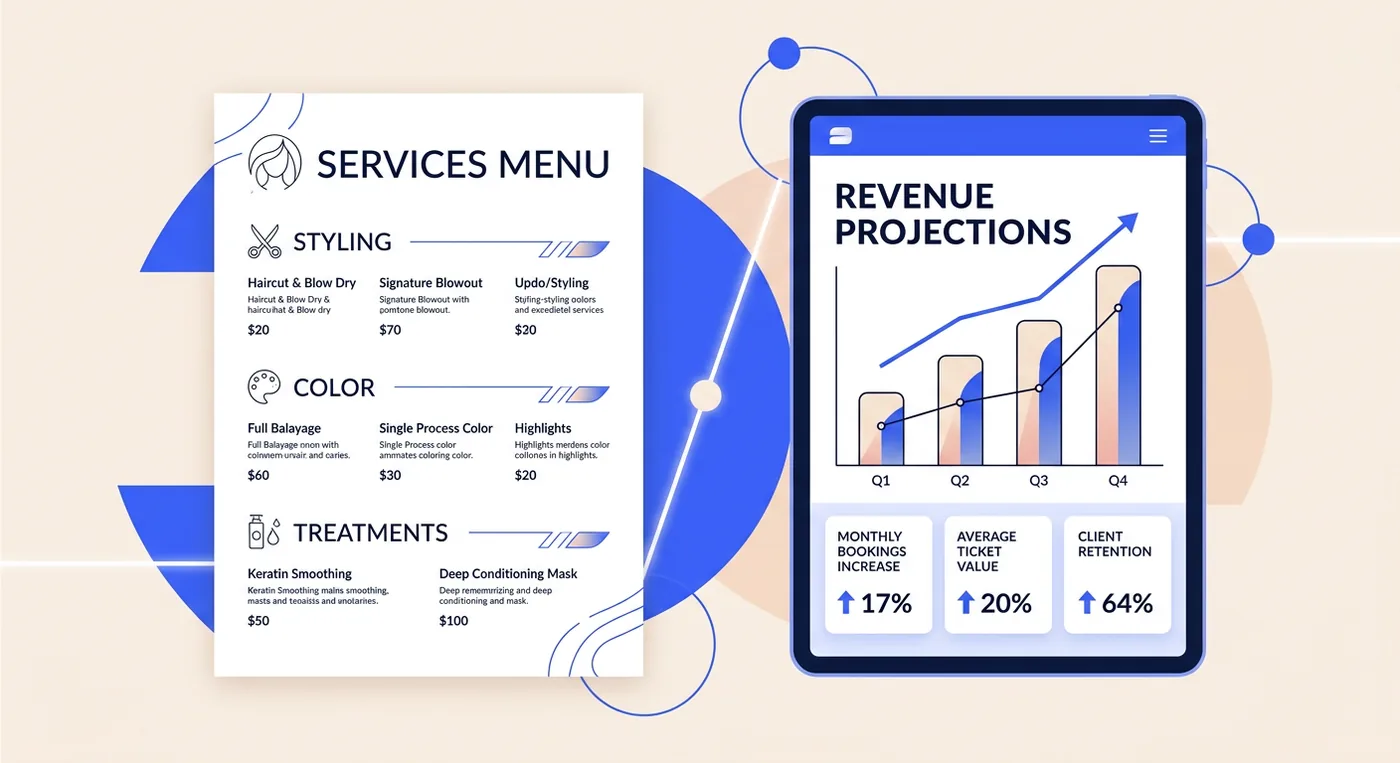 A professional salon business menu next to a digital tablet showing financial projections and revenue growth charts.