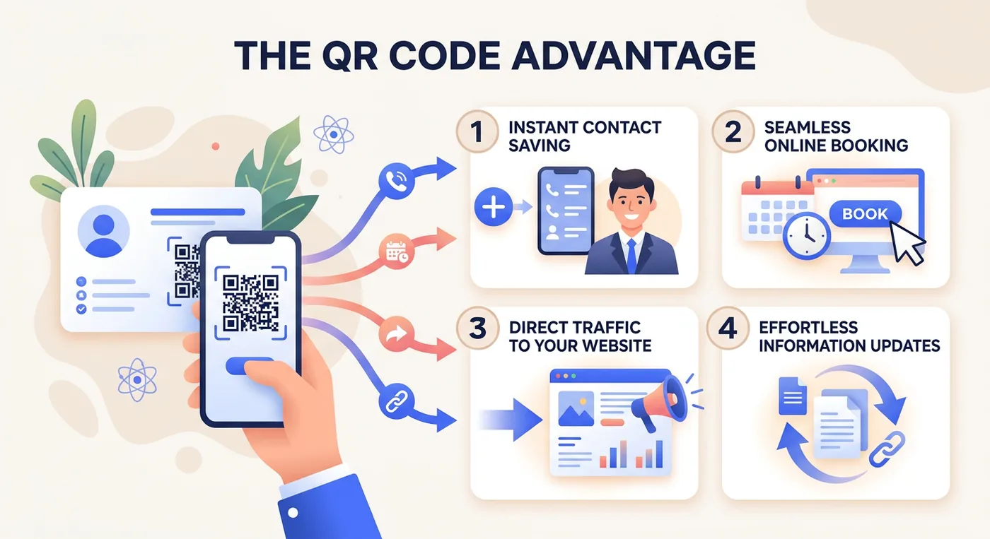 An infographic titled The QR Code Advantage highlighting four key benefits of using QR codes on business cards.