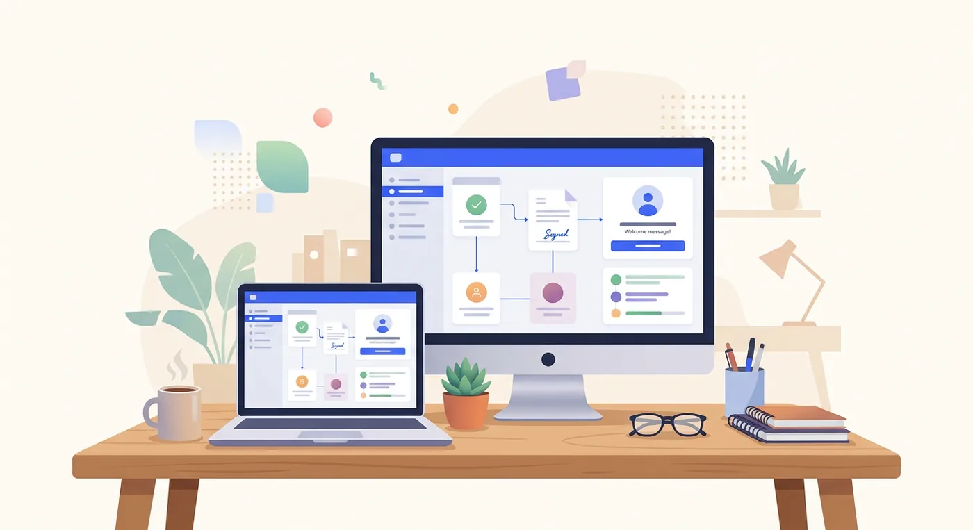 A modern desk workspace with a laptop and monitor displaying contract automation and client onboarding software workflows.