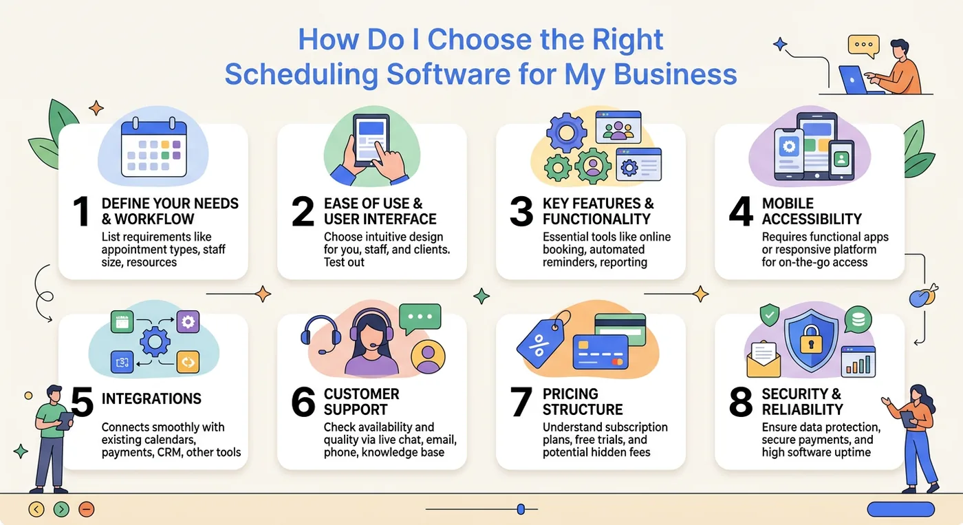 An infographic titled How Do I Choose the Right Scheduling Software for My Business with eight checklist items.