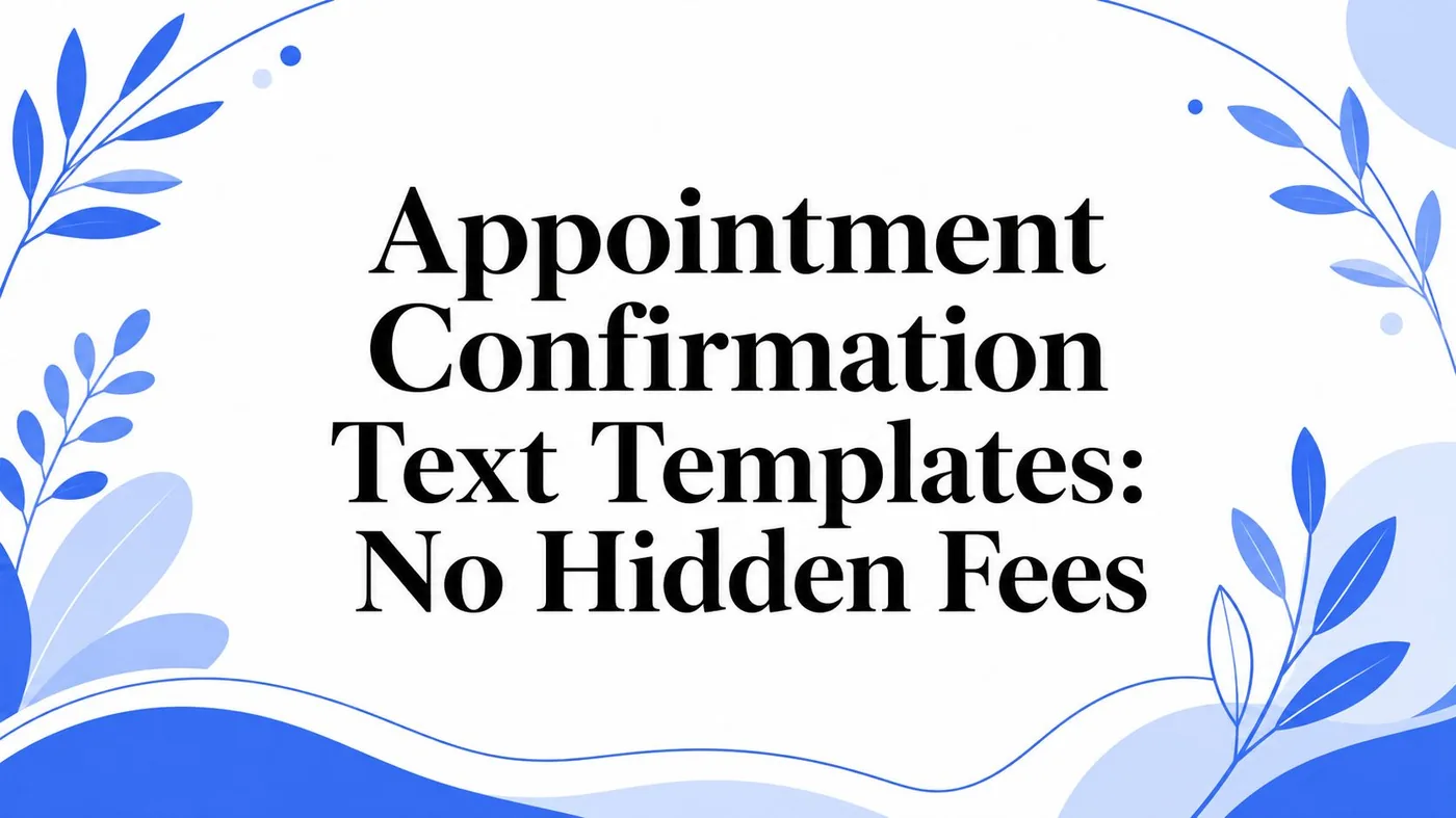 Banner with blue botanical accents and the headline: Appointment Confirmation Text Templates — No Hidden Fees (informational).