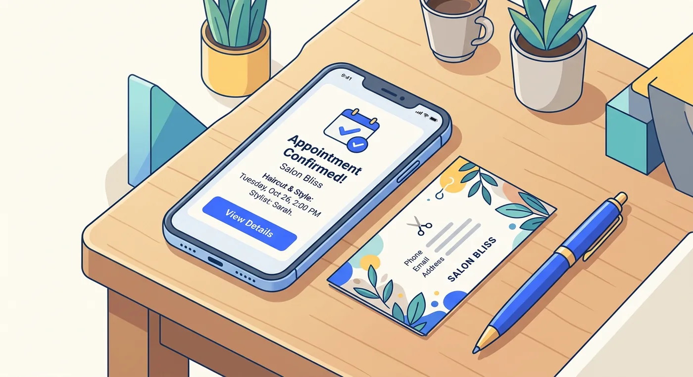 A smartphone displays a salon appointment confirmation message alongside a business card and a pen on a desk.