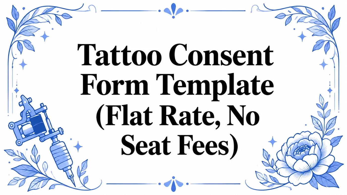 Tattoo Consent Form Template (Flat Rate, No Seat Fees) framed by blue floral border and a tattoo machine illustration.