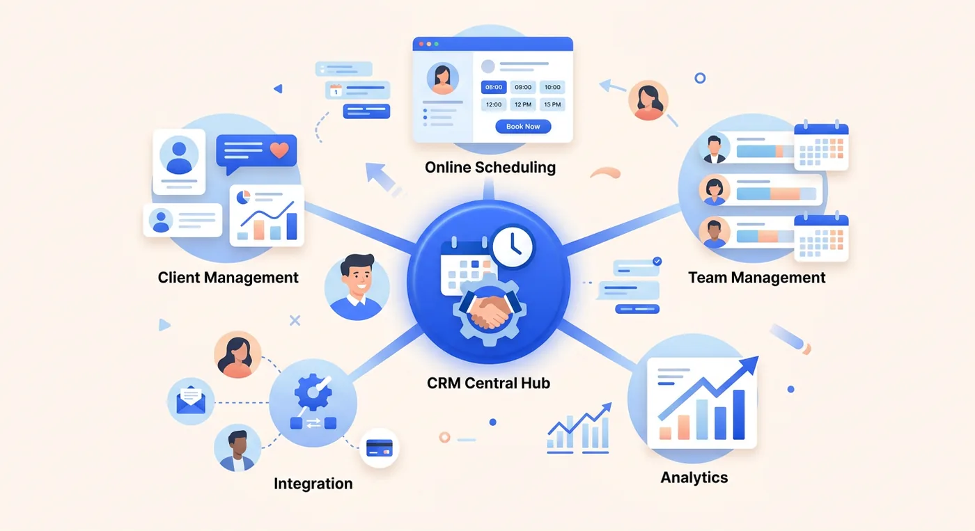 A diagram illustrating how CRM software acts as the central hub for managing client relationships and business operations.