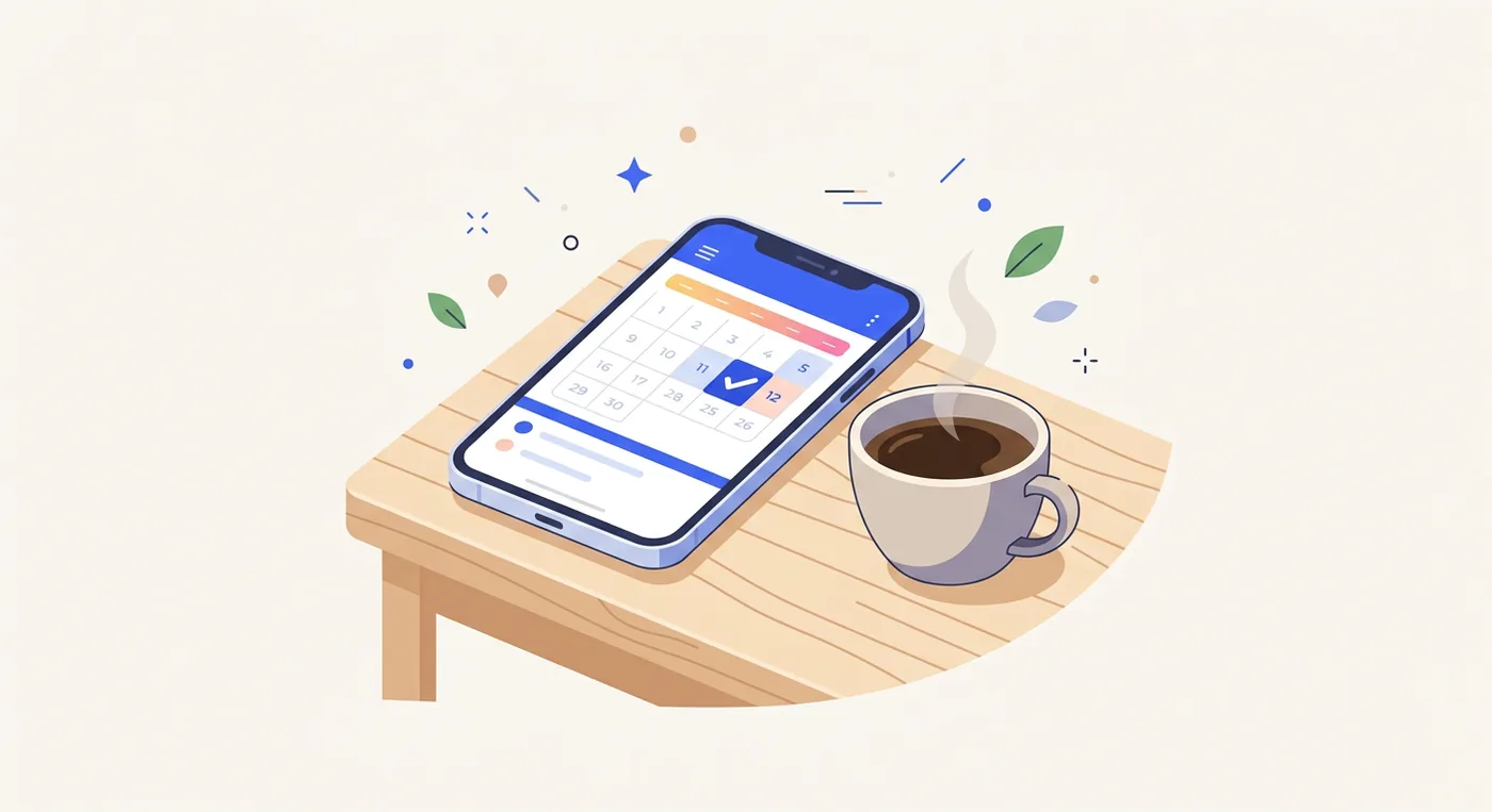 A smartphone on a wooden table displays a calendar app with a checkmark, next to a coffee cup.