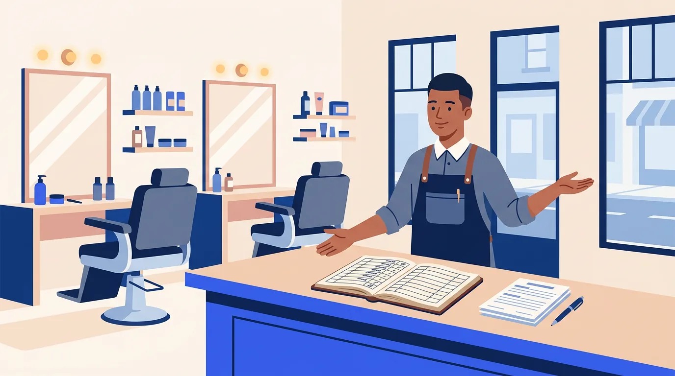 A person in a barbershop stands by a counter with a booking ledger and client forms.