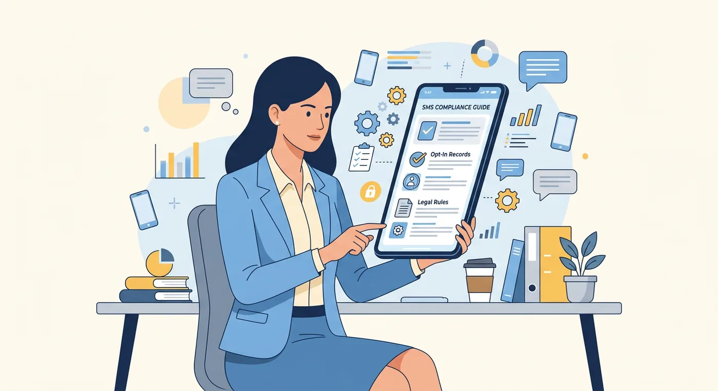 A professional woman in a business suit reviewing legal sms marketing compliance rules on a digital tablet.