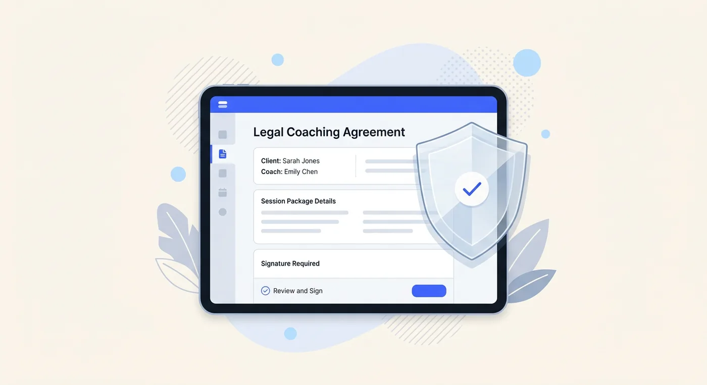 A tablet screen displaying a legal coaching contract with a protective glass shield icon on the side.
