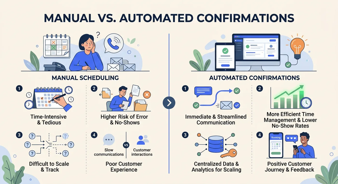A comparison chart showing the benefits of automated confirmation systems over manual processes for scaling businesses.