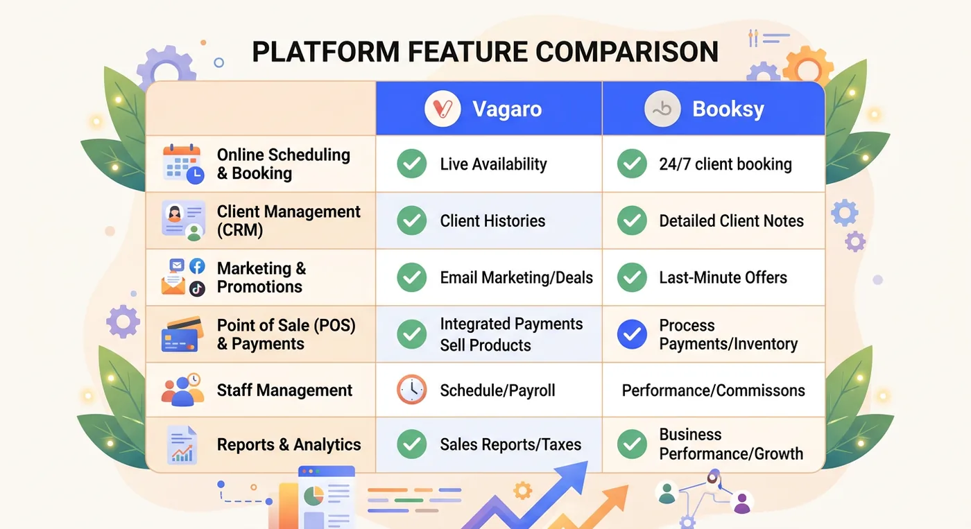 A comparison table outlining key features like scheduling, CRM, and marketing for Vagaro versus Booksy software platforms.