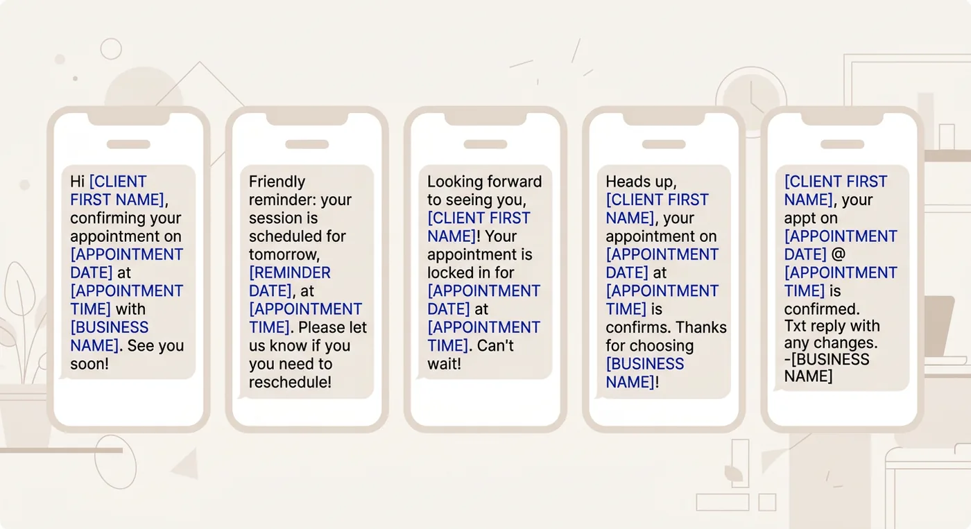 A graphic showing five professional SMS templates for confirming client appointments with customizable placeholders.