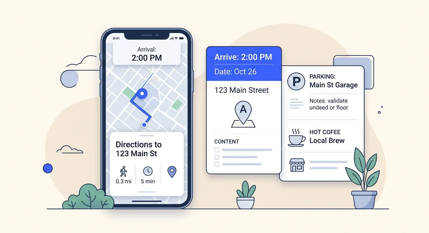 Smartphone and two cards displaying map directions to 123 Main St with parking and coffee details.