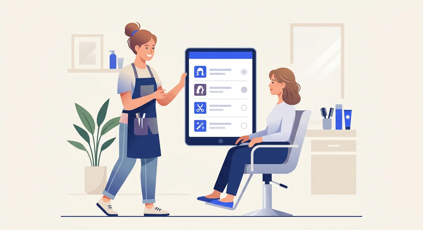 A professional hairstylist shows a customer their service options on a digital tablet in a beauty salon.