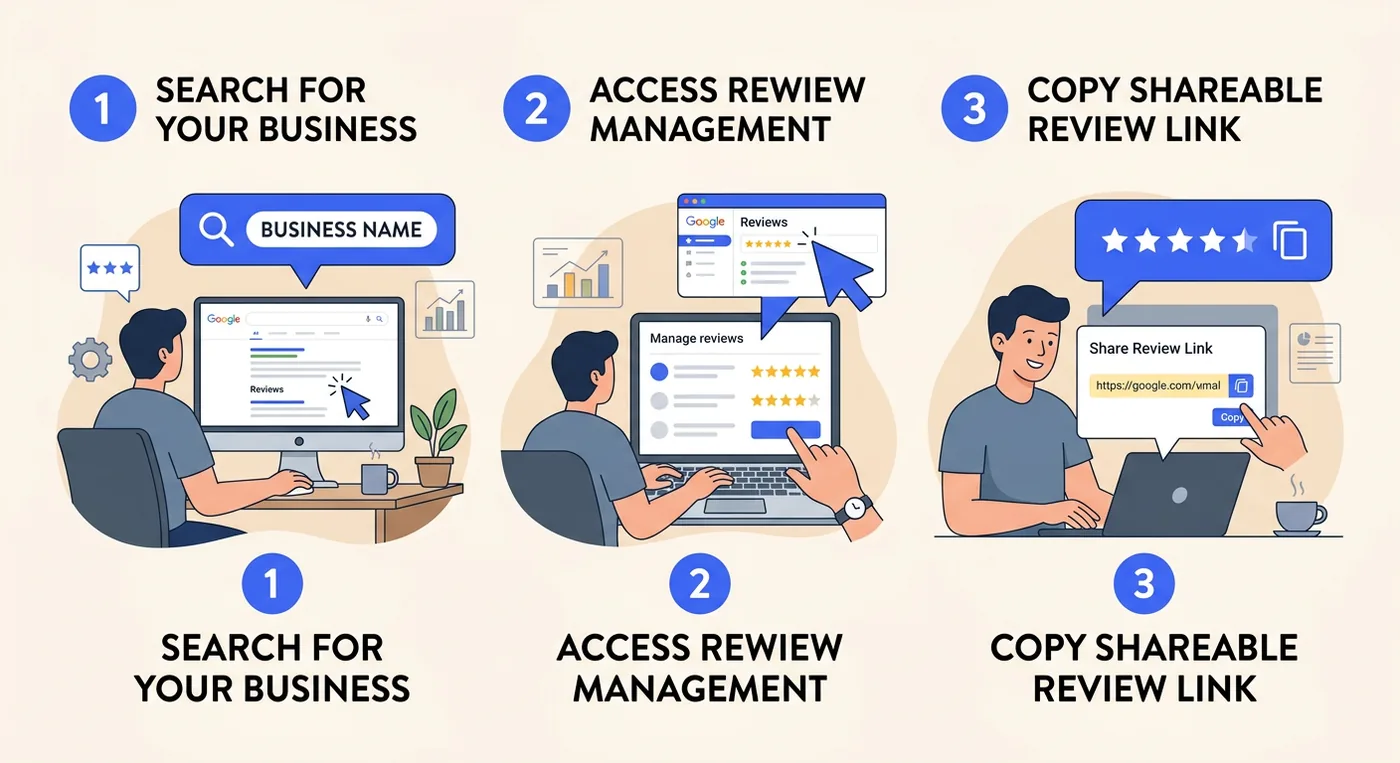 A three-step infographic showing how to find and copy your Google business review link.