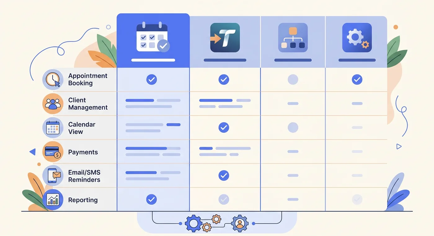 A comparison chart showing features of Schedulicity, Twizzlo, and other scheduling software alternatives for business management.
