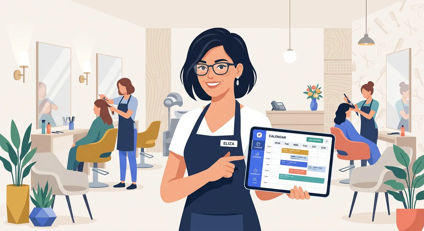 A professional salon manager holding a digital tablet showcasing management software in a modern hair salon.
