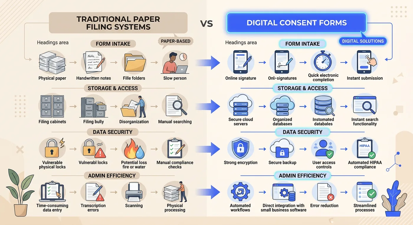 A comparison chart showing benefits of digital consent forms over traditional paper filing systems for modern businesses.