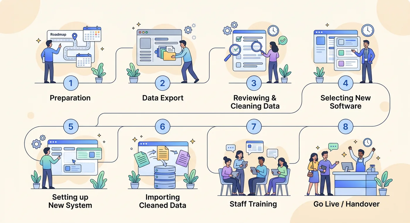 An eight-step checklist for businesses planning a seamless migration from the Shedul booking platform to another system.