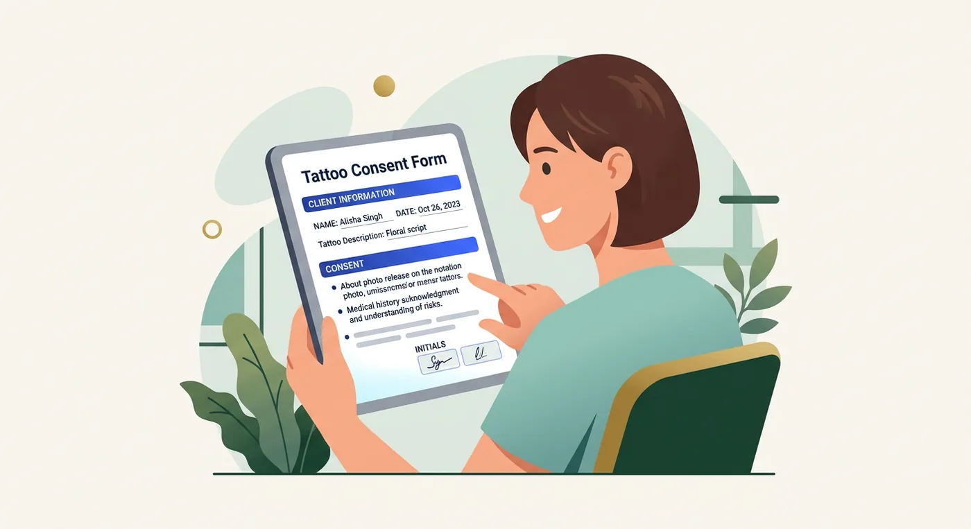 A person holding a tablet displaying a digital tattoo consent form with filled personal details and initials.