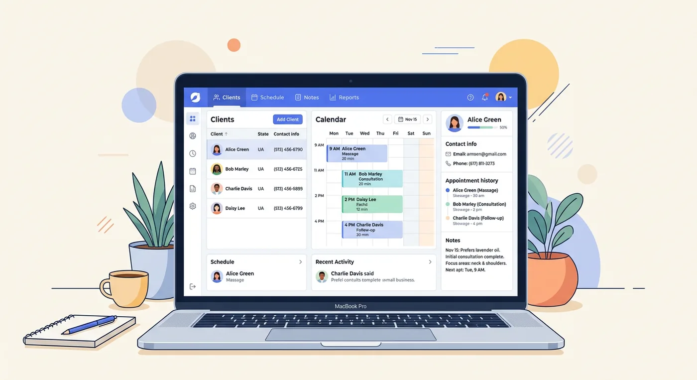 A silver laptop displaying a client management software dashboard with client lists, schedule, and notes.