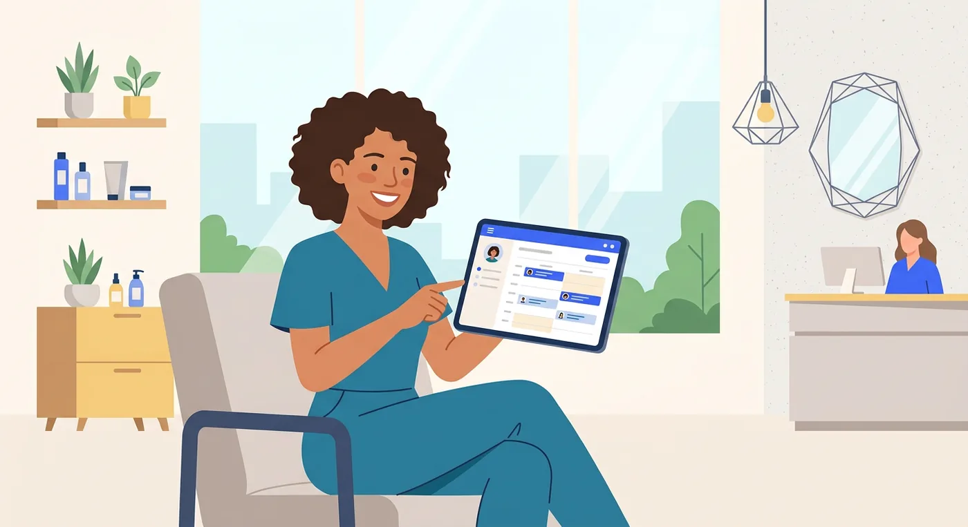 Smiling woman uses a tablet with an appointment scheduling app in a modern salon.