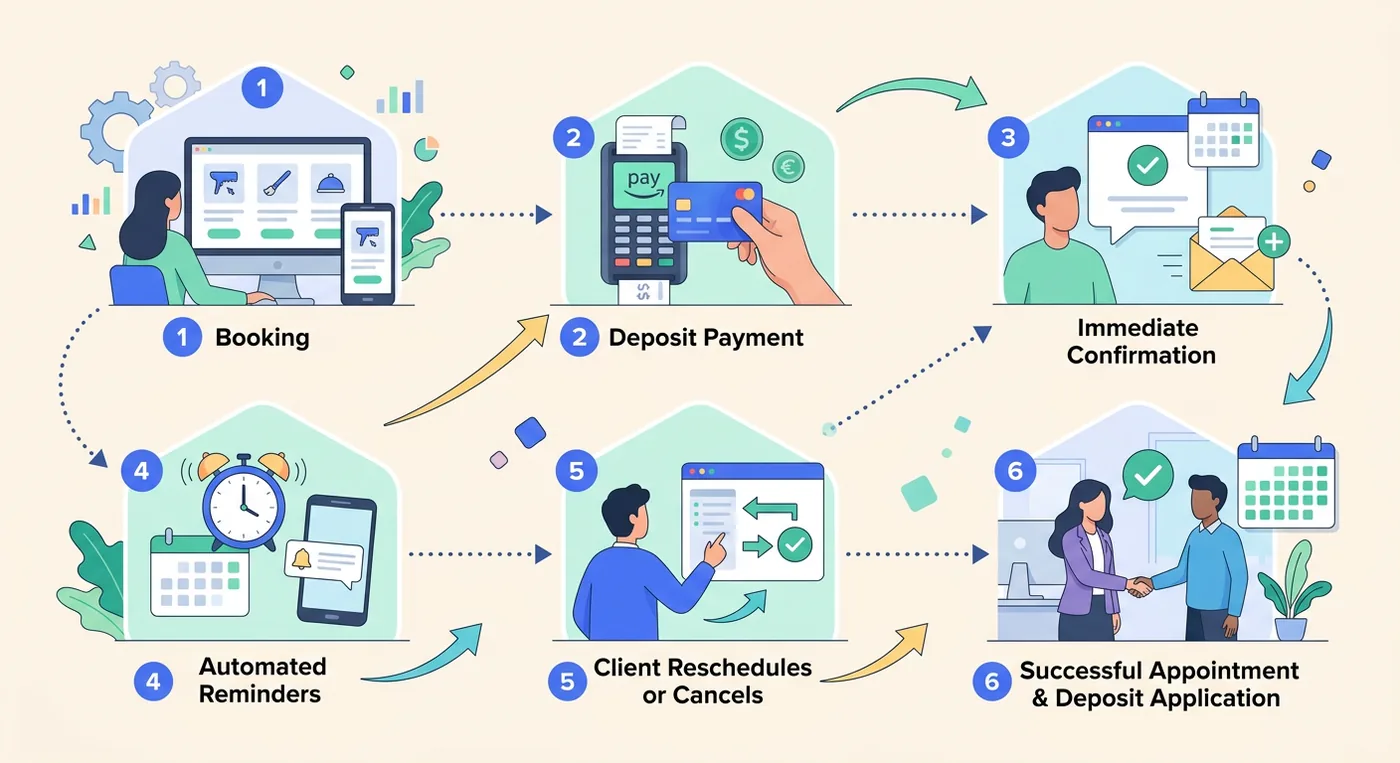 A workflow infographic showing the six steps of a no-show proof booking and deposit process for businesses.