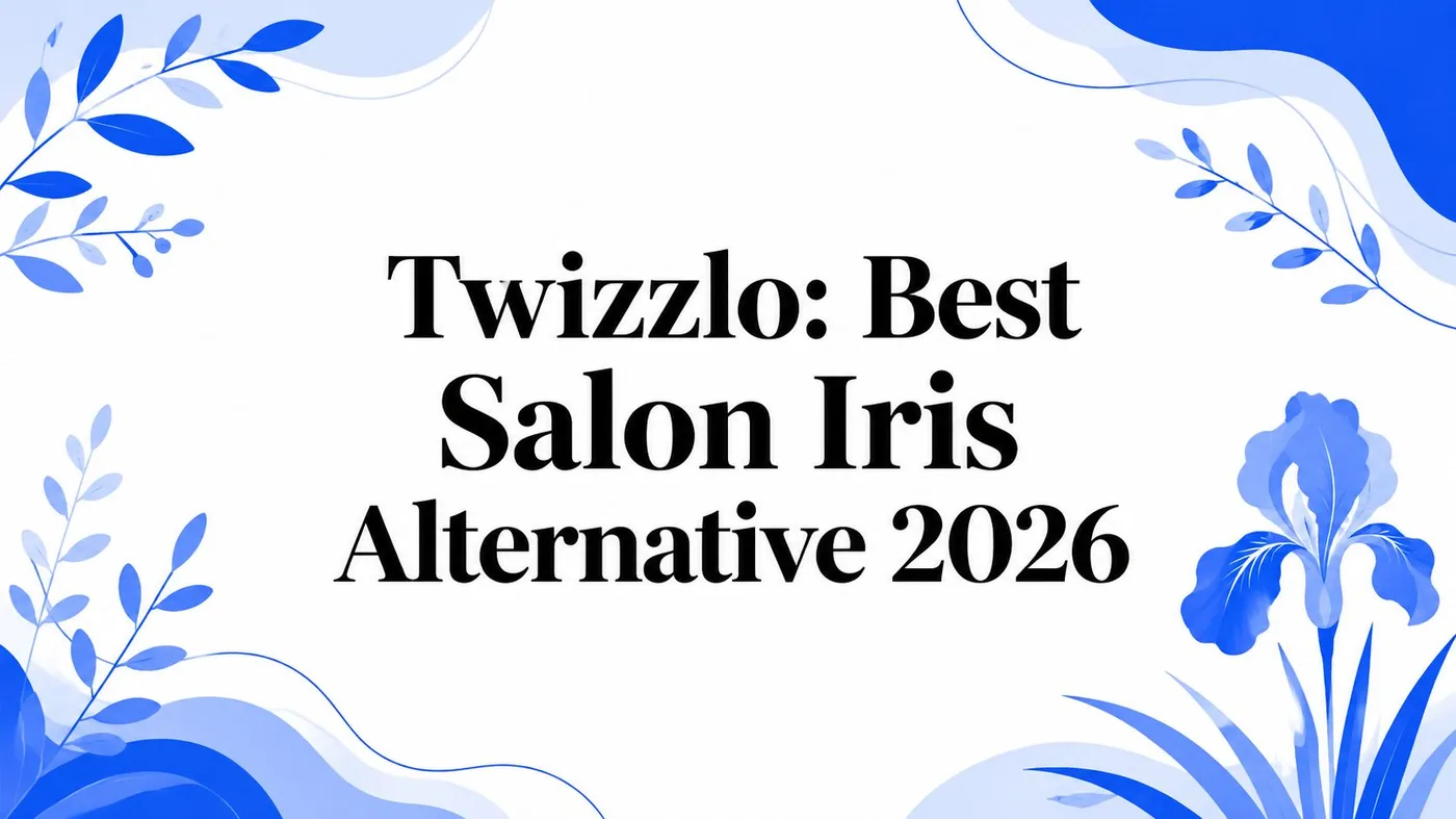 Decorative banner with blue floral borders and the text: "Twizzo: Best Salon Iris Alternative 2026"