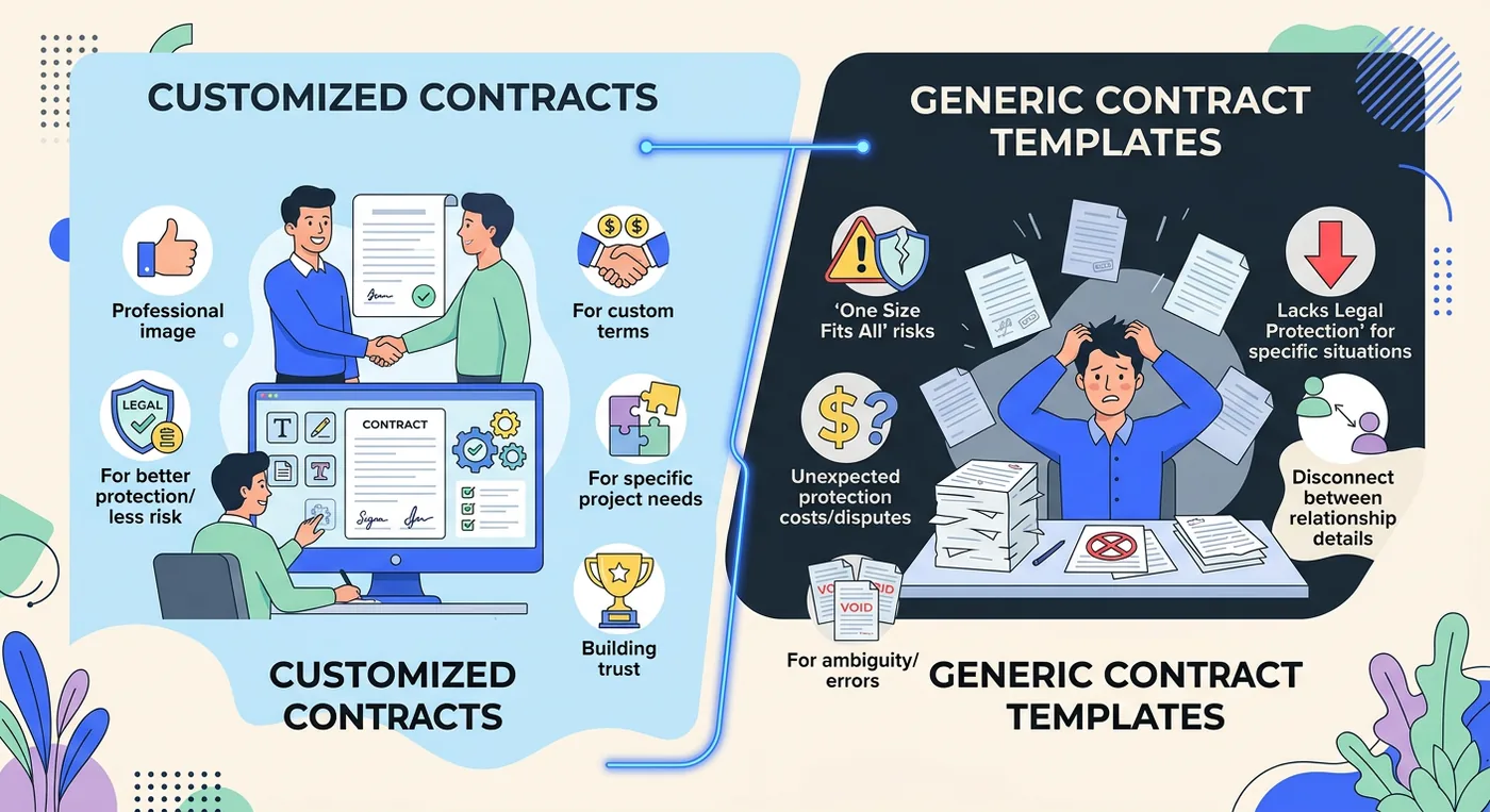 An infographic comparing the benefits of customized contracts versus the drawbacks of generic contract templates.