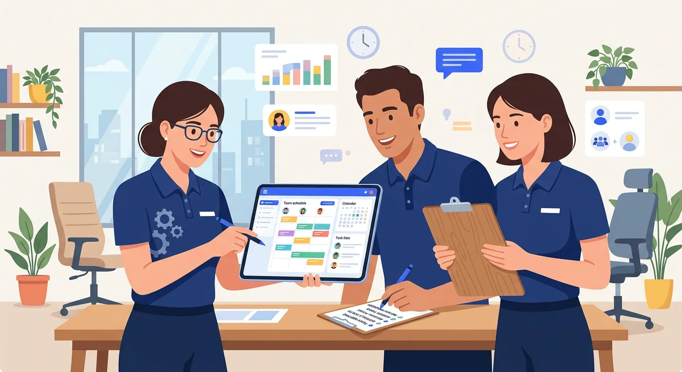 Three uniformed professionals collaborate on a tablet and checklist, demonstrating teamwork in a modern setting.