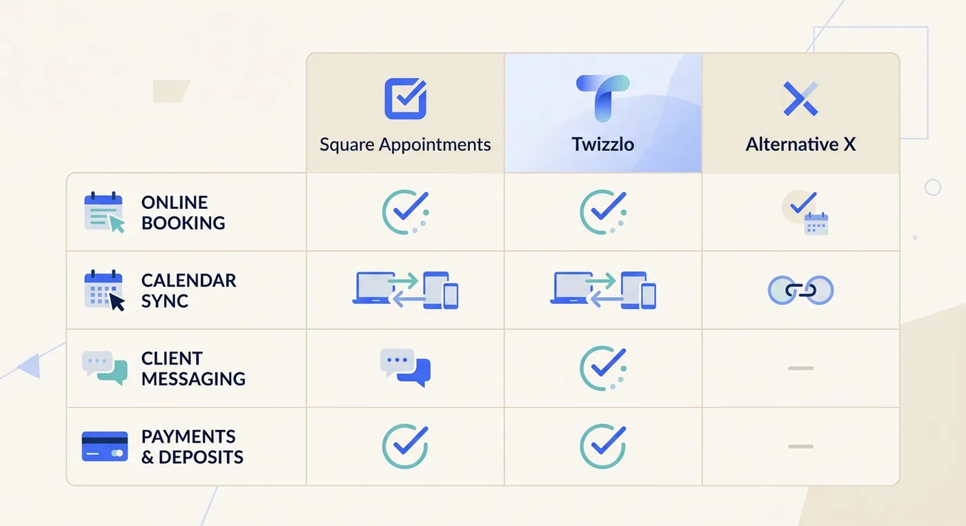 A comparison chart highlighting the differences between Square Appointments, Twizzlo, and Alternative X across four key business features.