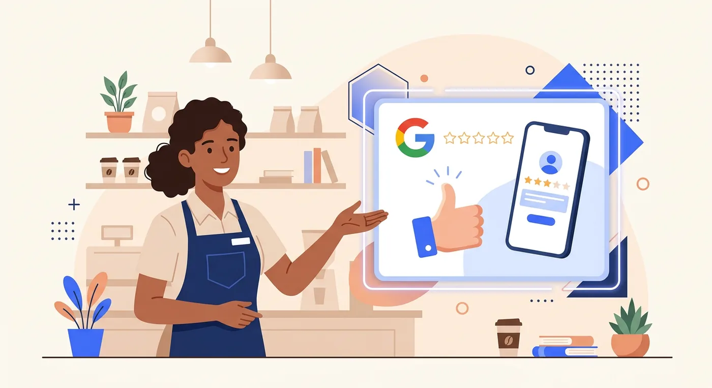 A friendly shop assistant gesturing towards a sign that encourages customers to leave a review on Google.
