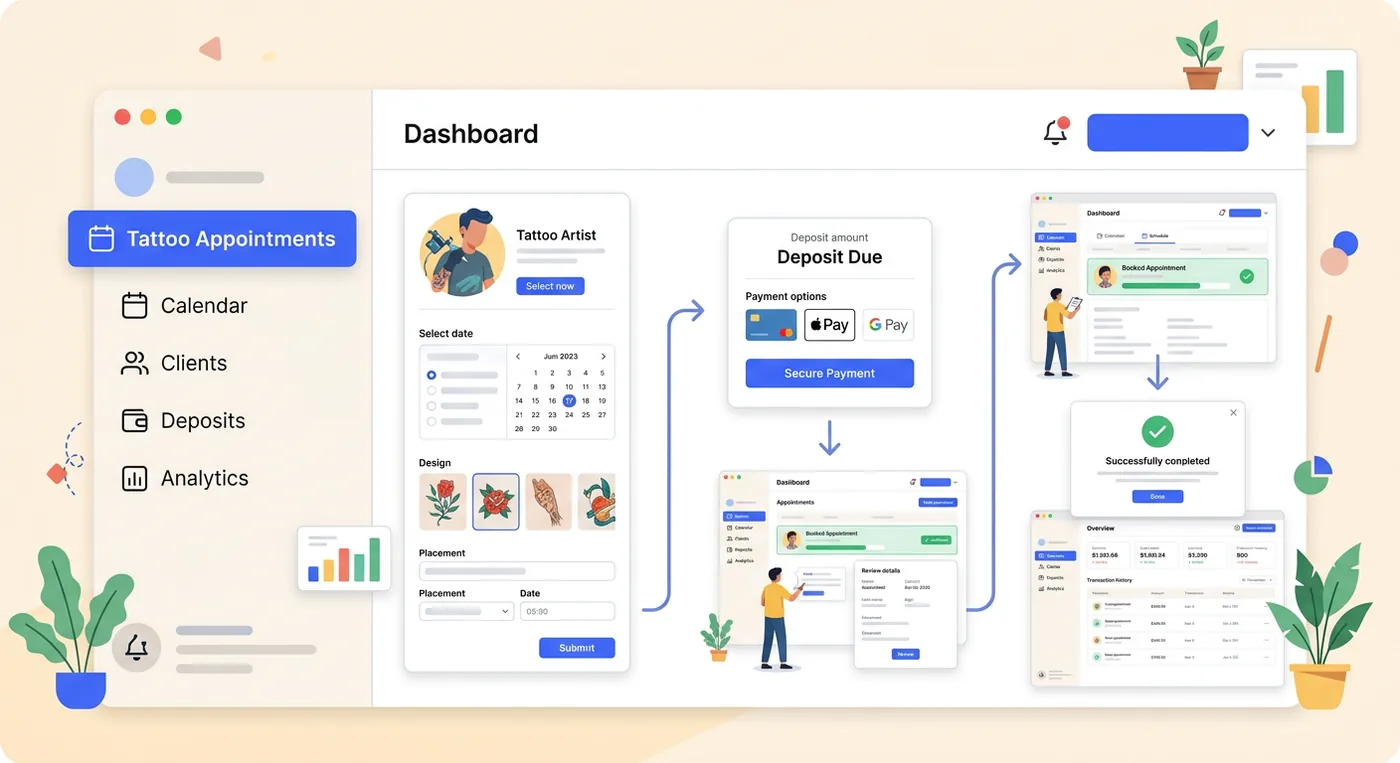 Tattoo deposits booking flow on Twizzlo dashboard