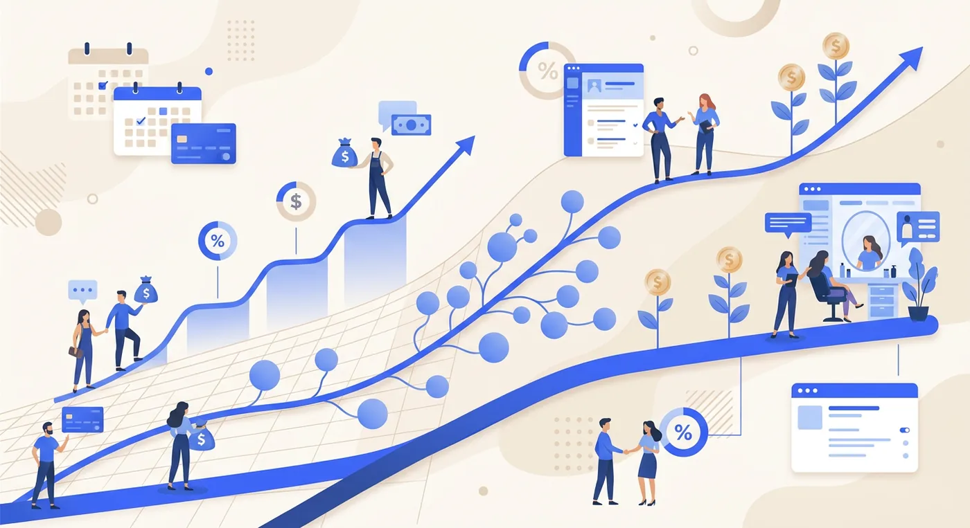 GlossGenius vs Vagaro cost comparison: how flat tiered pricing, a low base plus add-ons, and flat-rate pricing behave as a salon grows (illustrative).