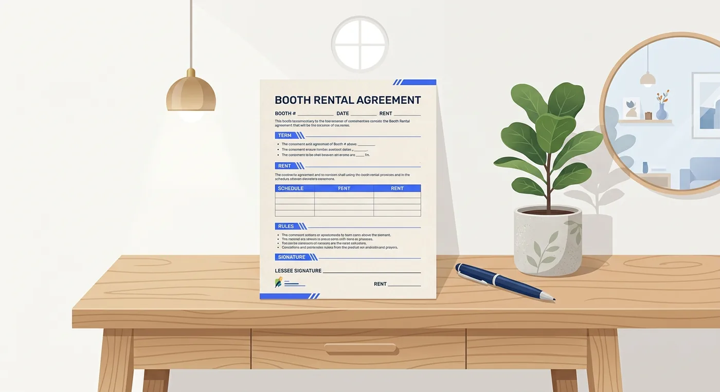 A printed booth rental contract sits on a wooden vanity desk next to a pen and plant.