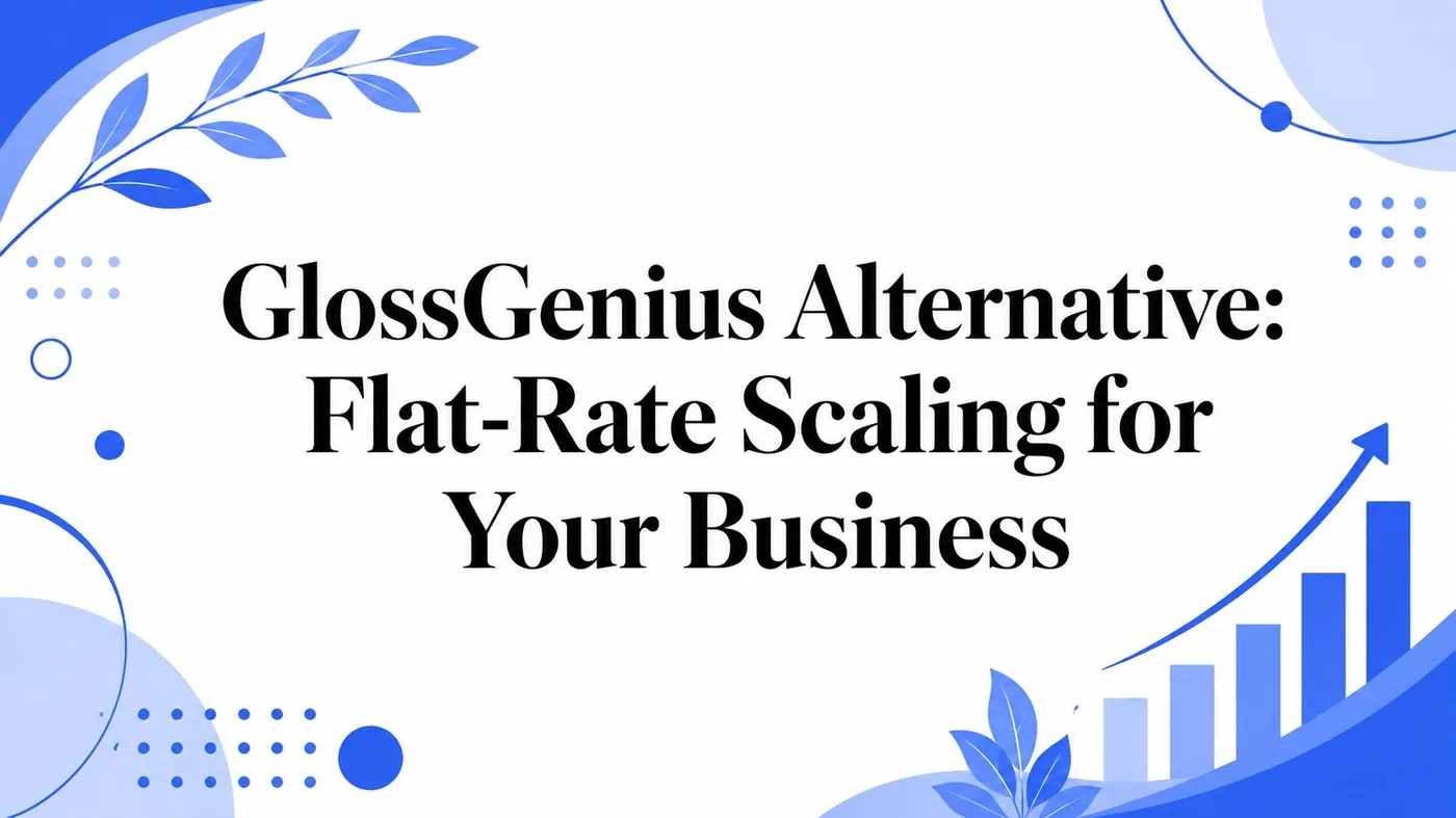 Header: 'GlossGenius Alternative: Flat-Rate Scaling for Your Business' with blue abstract shapes and a rising bar chart.