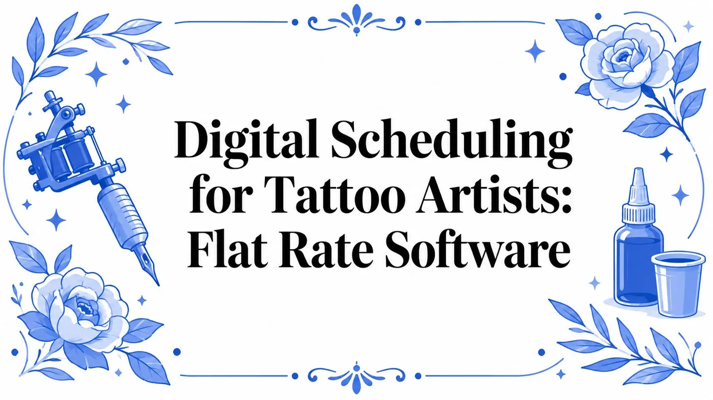 Banner-style graphic announcing digital scheduling for tattoo artists with blue floral border and tattoo machine ink bottle illustration.