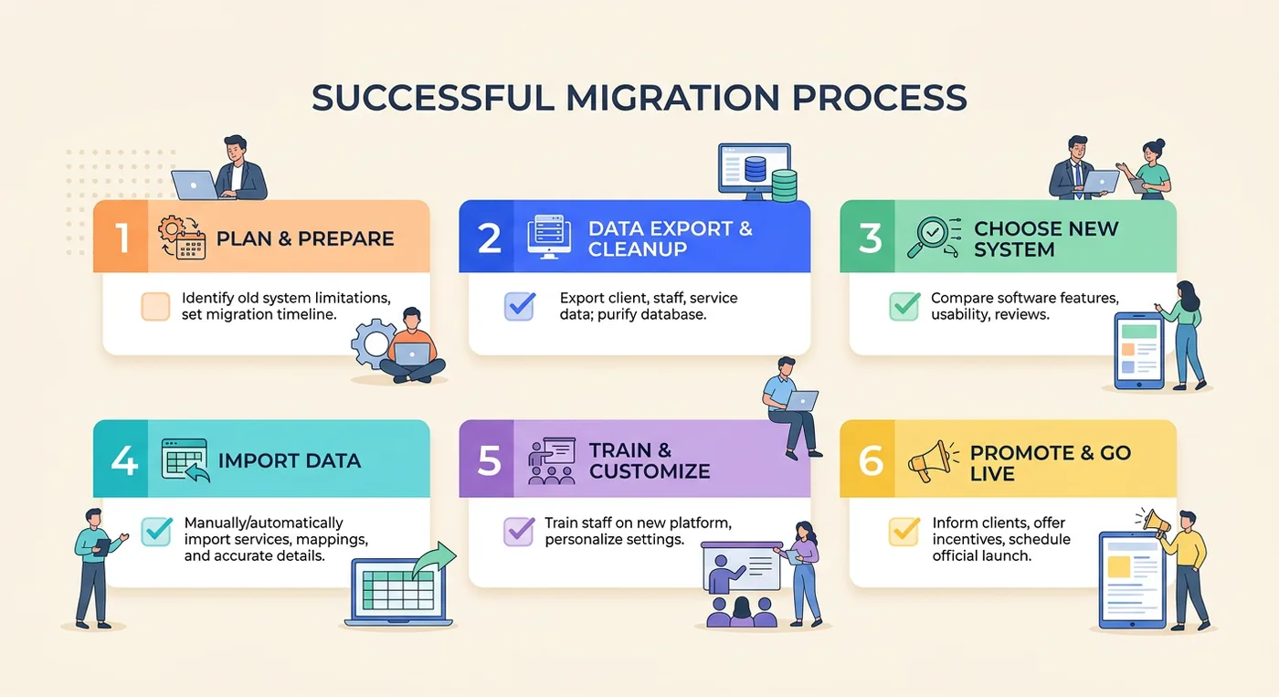 A six-step checklist infographic illustrating the process of successfully migrating to a new booking software system.