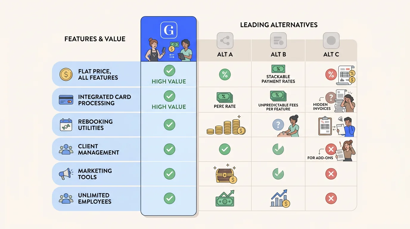 A comparison chart showing why GlossGenius is a more cost-effective booking software choice than its leading alternatives.