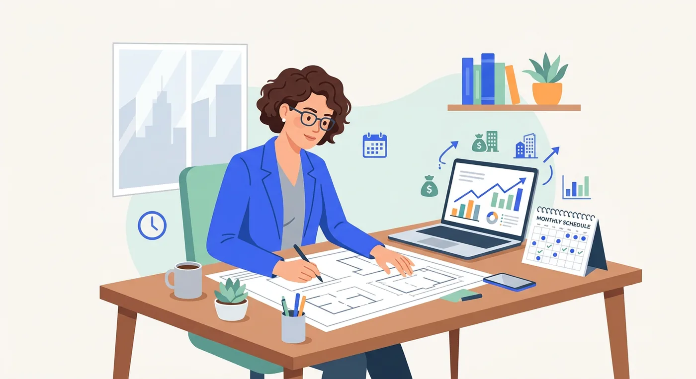 An architect reviewing blueprints at a desk with a calendar and business performance graphs.