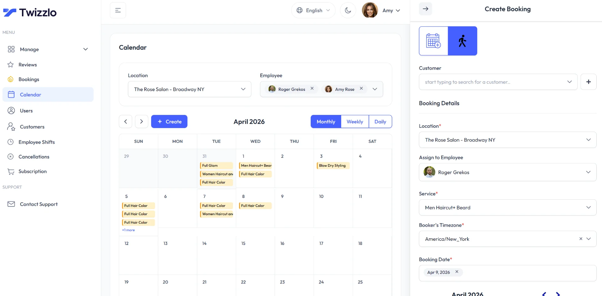 Twizzlo sample booking calendar showing scheduled appointment slots